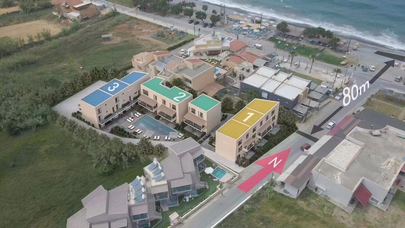 Proje yerleşimini ve çevresini gösteren işaretli hava görünümü