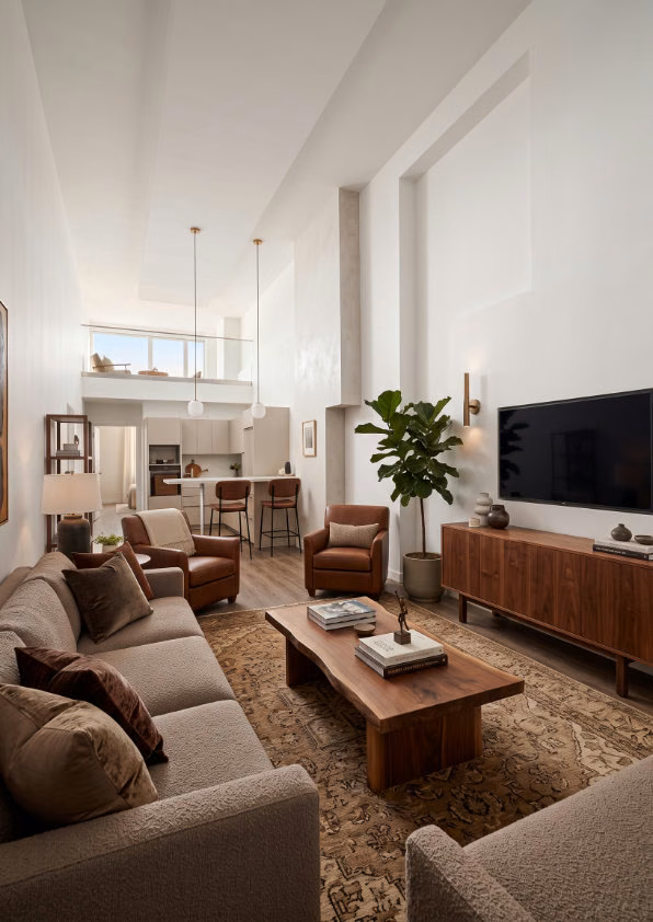 Loft yaşam alanı için broşürde sunulan iç mekân görseli (mimari görselleştirme)