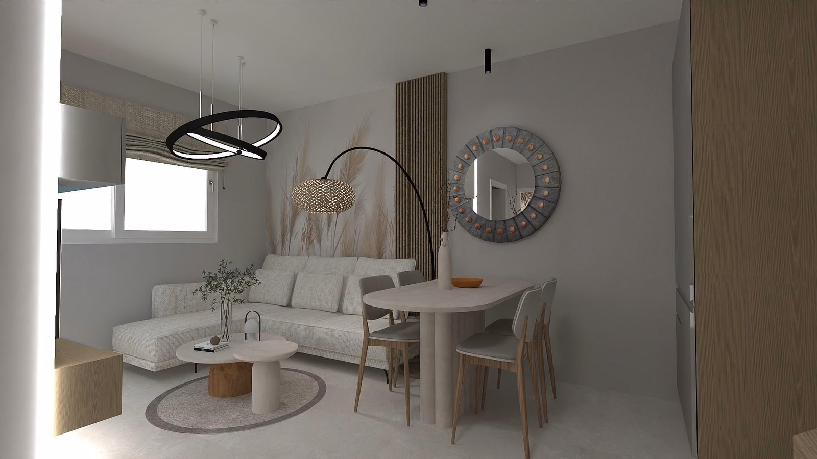 Salon ve açık mutfak tasarımı (mimari görselleştirme)
