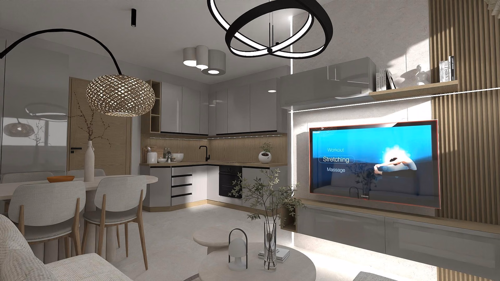 Salon ve açık mutfak tasarımı (mimari görselleştirme)