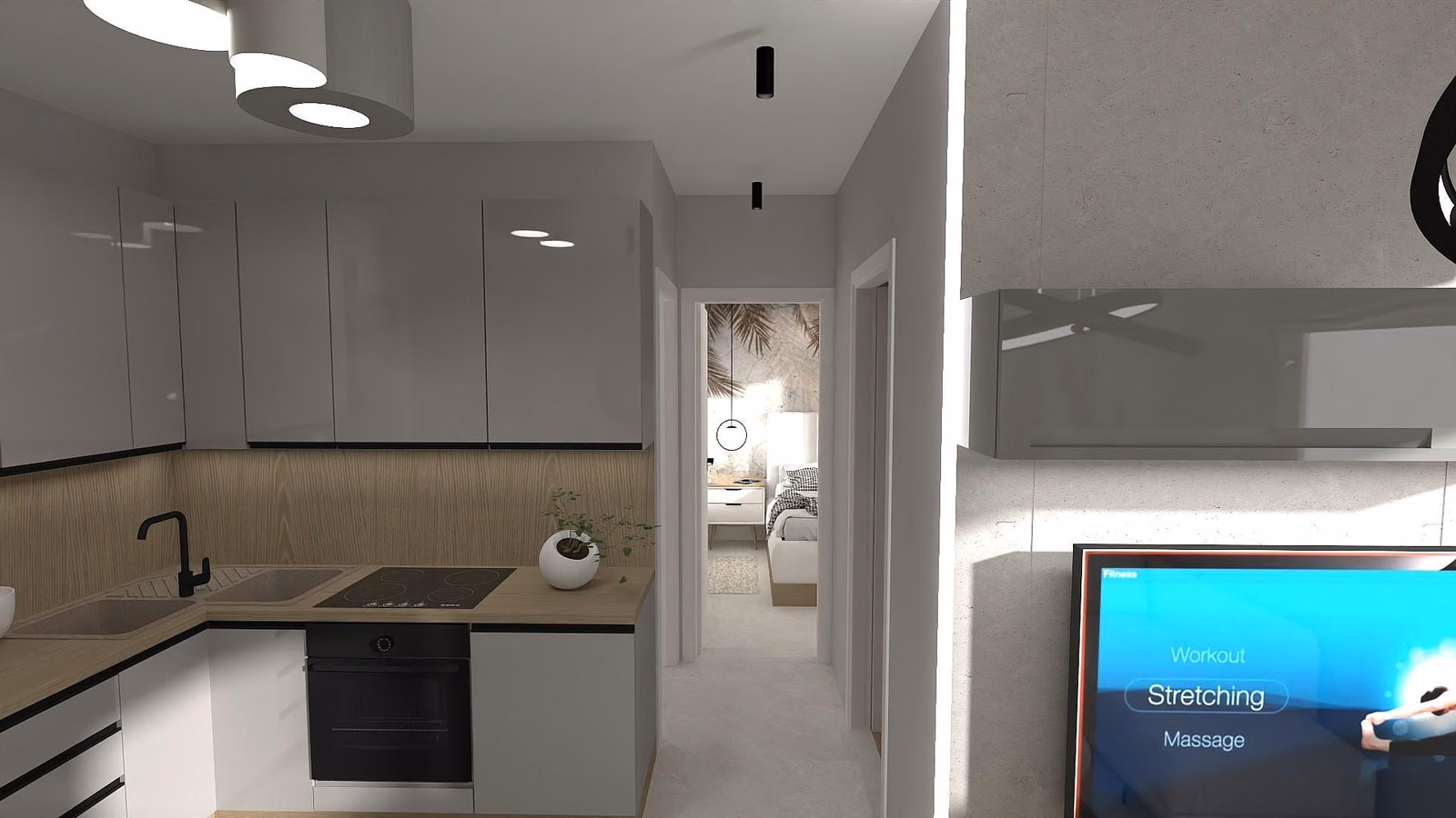 Salon ve açık mutfak tasarımı (mimari görselleştirme)