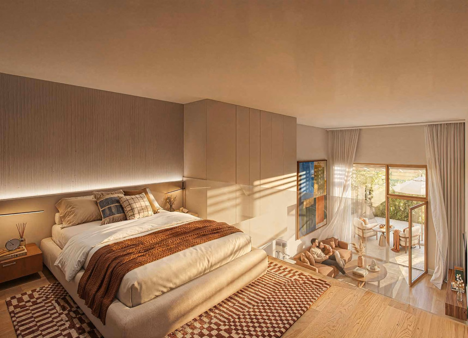 Loft yaşam alanı ve yatak bölümü (mimari görselleştirme)