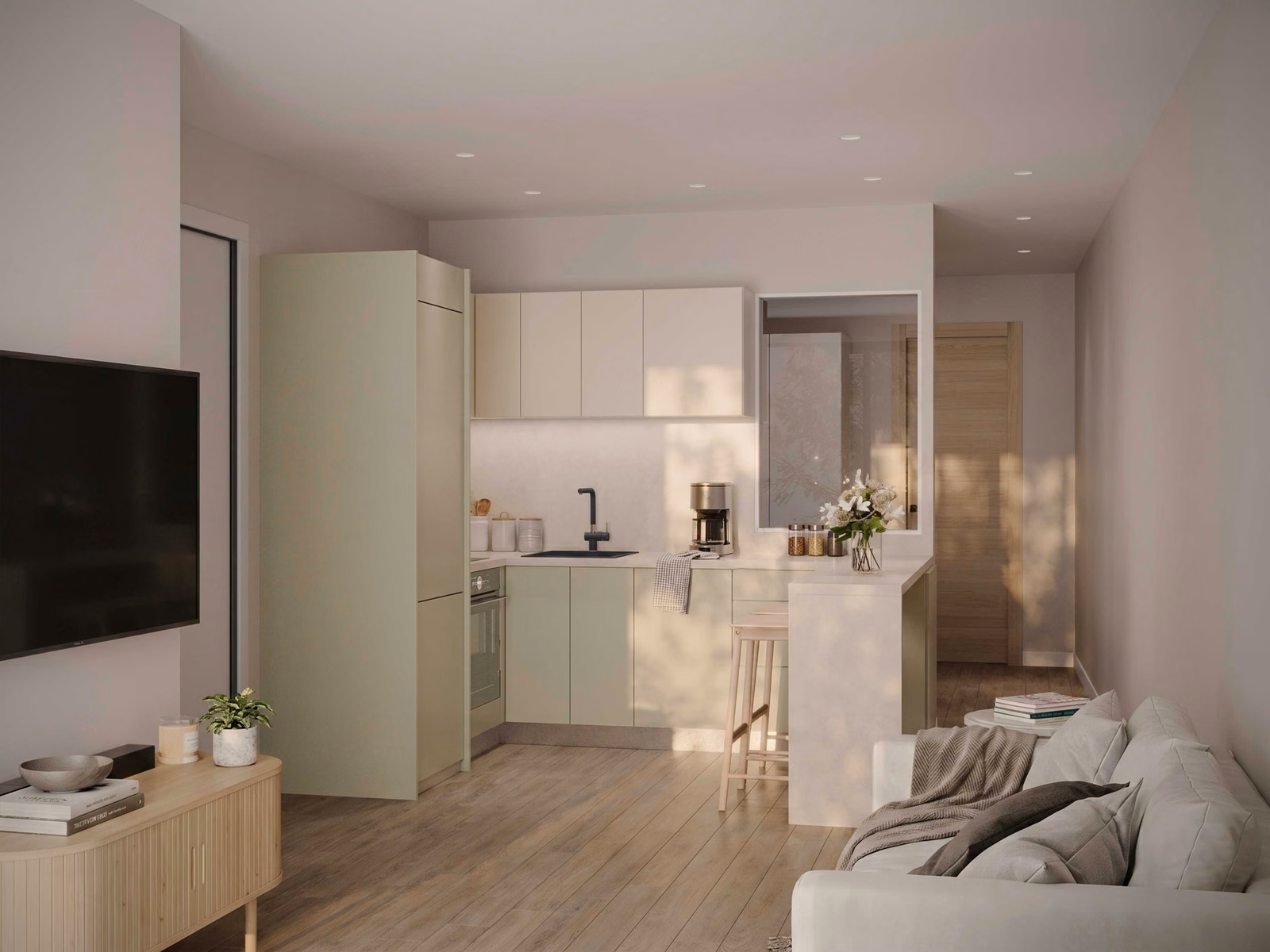 Salon ve açık mutfak (mimari görselleştirme)