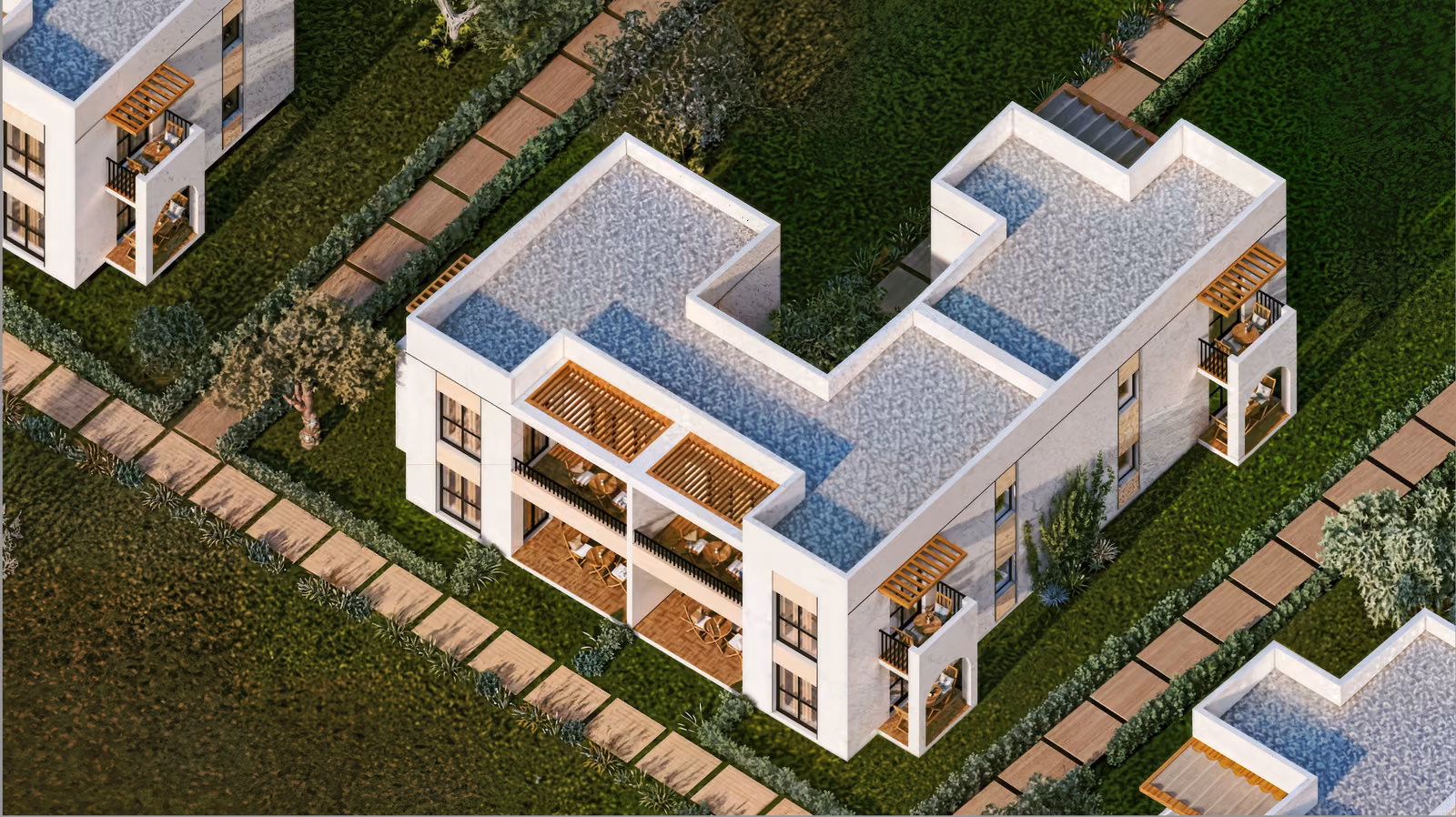 Villa bloklarının farklı açıdan üst görünümü (mimari görselleştirme)